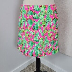 Tzu Tzu Womens L Pink Green Cactus Southwestern Golf Tennis Ruffle Hem Skort